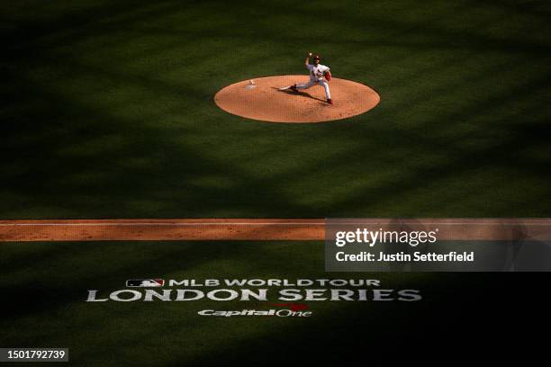 Jake Woodford of the St. Louis Cardinals pitches during the MLB London Series match between the St. Louis Cardinals and Chicago Cubs at London...