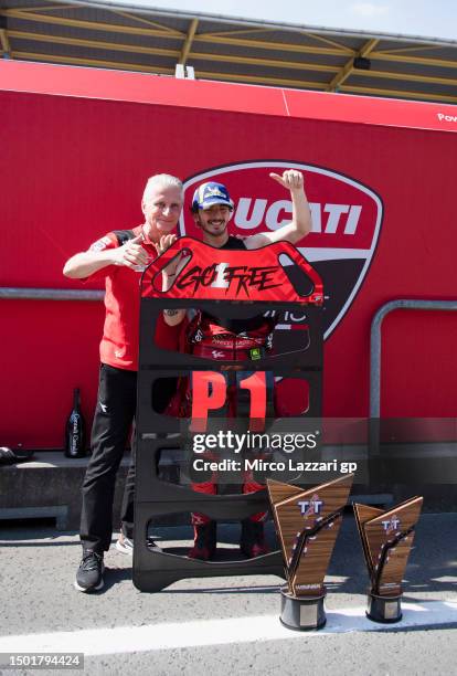 Paolo Ciabatti of Italy and Ducati Lenovo Team and Francesco Bagnaia of Italy and Ducati Lenovo Team celebrate the victory in pit at the end of the...