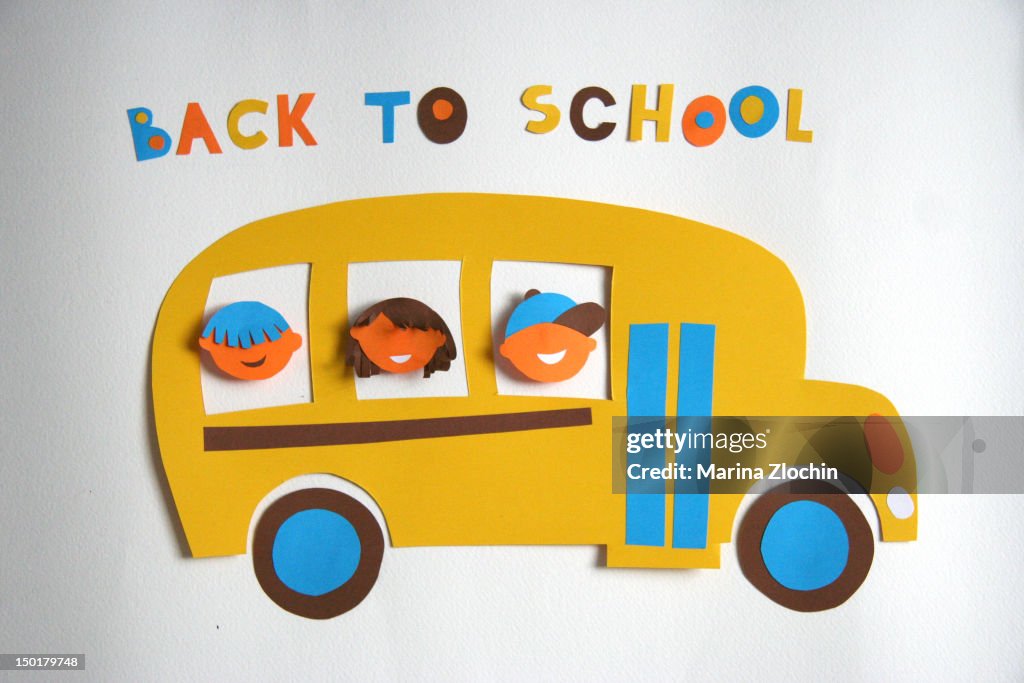 Back to school, yellow bus with kids
