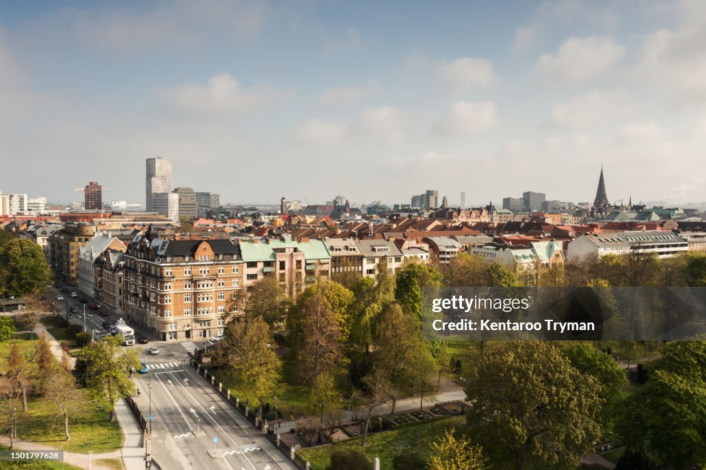 Aerial view of a big city in morning light.