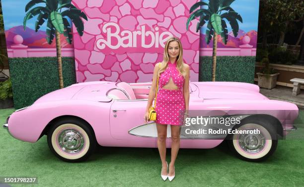 Margot Robbie attends the press junket and photo call for "Barbie" at Four Seasons Hotel Los Angeles at Beverly Hills on June 25, 2023 in Los...