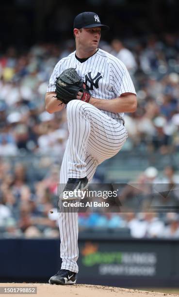 Gerrit Cole of the New York Yankees pitches against the Texas Rangers during their game at Yankee Stadium on June 25, 2023 in Bronx borough of New...