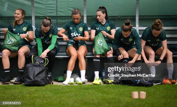 Dublin , Ireland - 4 July 2023; Players, from left, Kyra Carusa, Megan Walsh, Katie McCabe, Louise Quinn, Sinead Farrelly and Claire O'Riordan,...