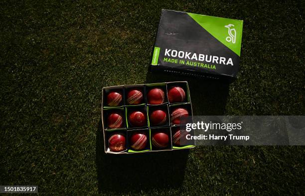 Detailed view of Kookaburra cricket balls during Day One of the LV= Insurance County Championship Division One match between Somerset and...