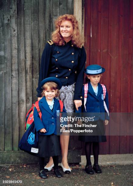 Sarah The Duchess of York with her daughters Princess Eugenie and Princess Beatrice at Upton House School in Windsor on 7th September 1994.
