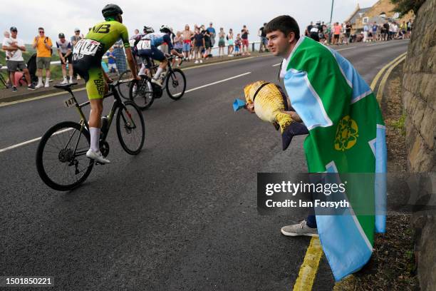 Man from Derbyshire cheers on rider Jacob Smith during the Men’s British National Road Championships road race on June 25, 2023 in Saltburn, England....