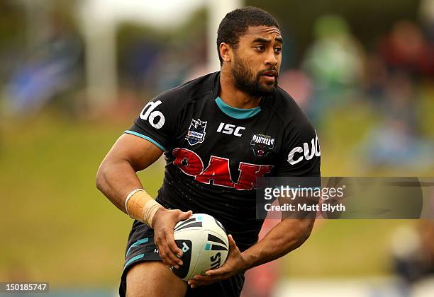 Michael Jennings of the Panthers runs the ball during the round 23 NRL match between the Penrith Panters and the Canberra Raiders at Centrebet...