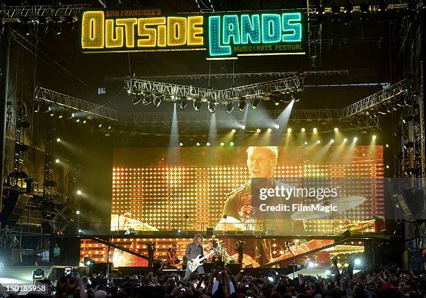 Musicians Robert Trujillo, Kirk Hammett, Lars Ulrich, and James Hetfield of Metallica perform at the Lands End Stage during day 2 of the 2012 Outside...