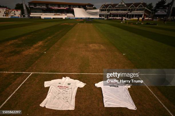 Detailed view of aNottinghamshire and Somerset shirt displaying the name of Barnaby Webber ahead of Day One of the LV= Insurance County Championship...