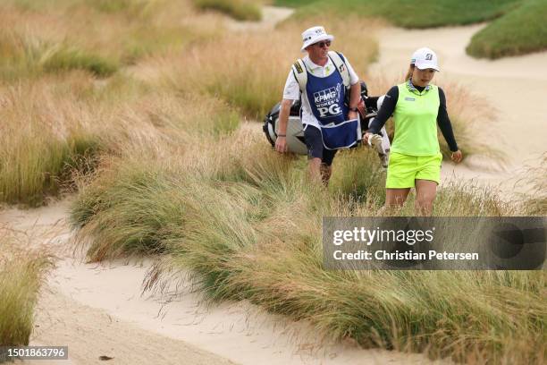 Ayaka Furue of Japan walks the 17th fairway during the final round of the KPMG Women's PGA Championship at Baltusrol Golf Club on June 25, 2023 in...