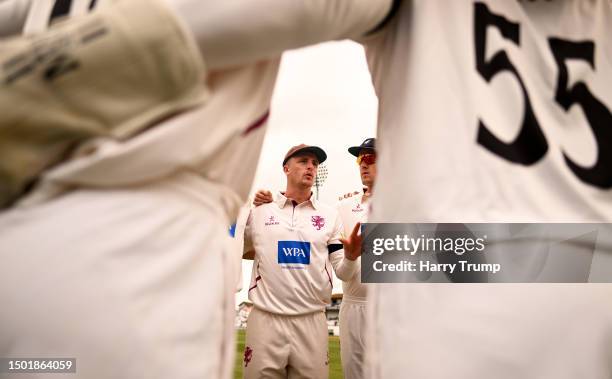 Tom Abell of Somerset speaks to their side in the huddle during Day One of the LV= Insurance County Championship Division One match between Somerset...
