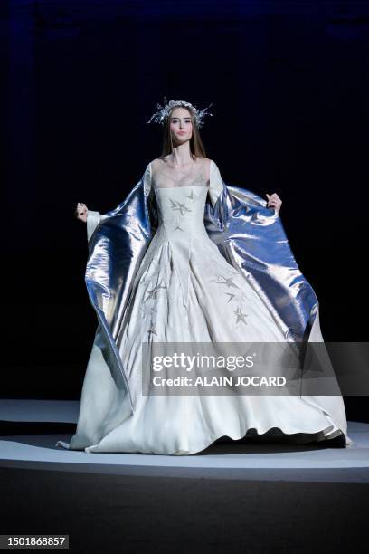 Model presents a creation by Julien Fournie during the Women's Haute-Couture Fall/Winter 2023/2024 Fashion Week in Paris on July 4, 2023.