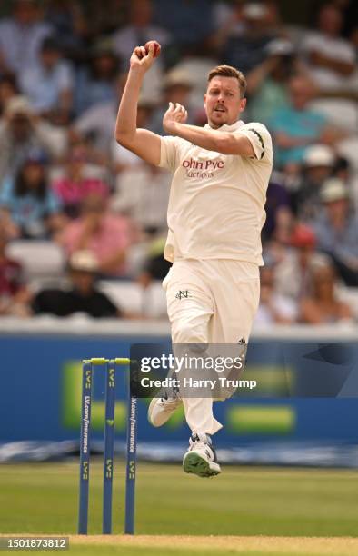 Jake Ball of Nottinghamshire in bowling action during Day One of the LV= Insurance County Championship Division One match between Somerset and...