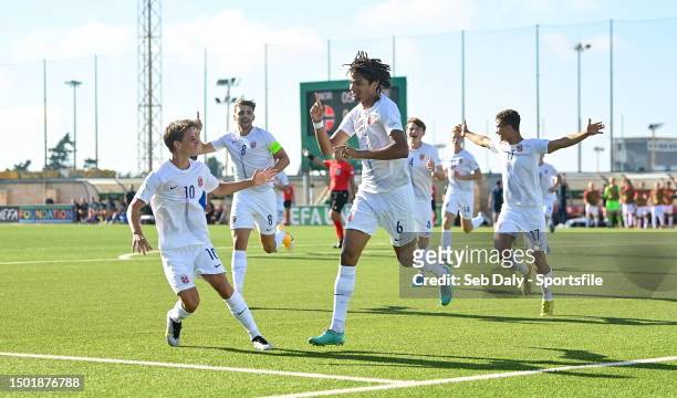 Alwande Benedict Roaldsoy of Norway celebrates after scoring his side's first goal during the UEFA European Under-19 Championship Finals 2022/23...