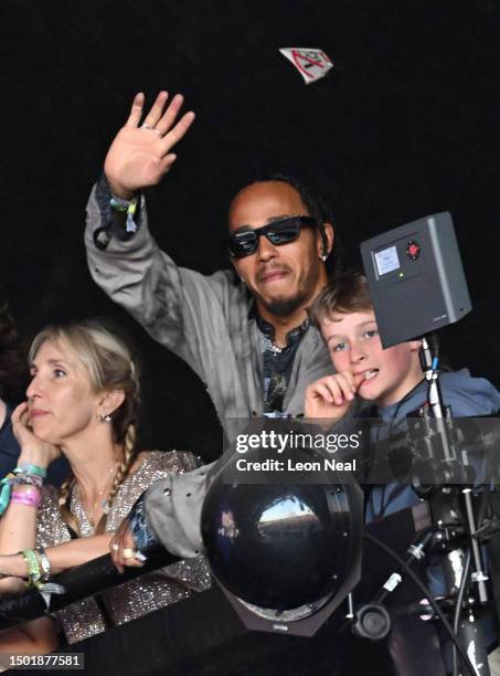 Sam Taylor-Johnson and Lewis Hamilton during Day 5 of Glastonbury Festival 2023 on June 25, 2023 in Glastonbury, England.