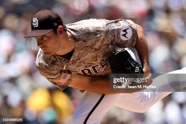 Seth Lugo of the San Diego Padres pitches during the first inning of a game against the Washington Nationals at PETCO Park on June 25, 2023 in San...