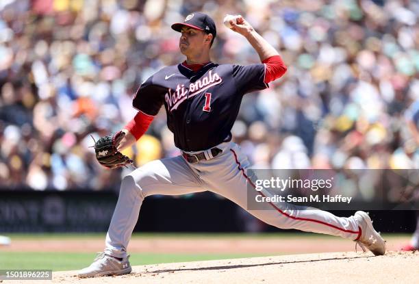 MacKenzie Gore of the Washington Nationals pitches during the first inning of a game against the San Diego Padres at PETCO Park on June 25, 2023 in...