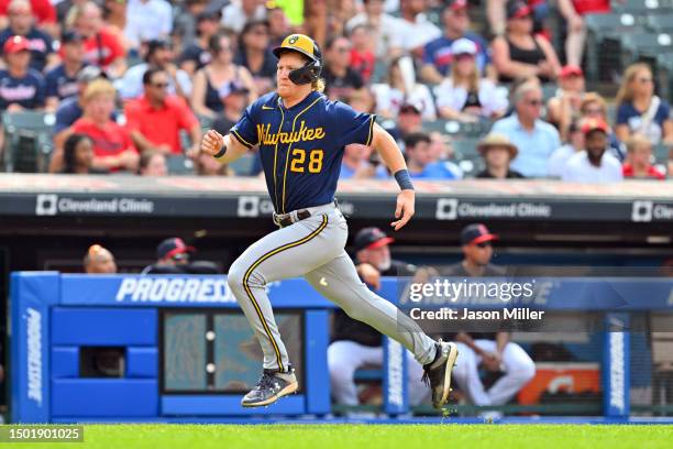 Joey Wiemer of the Milwaukee Brewers scores during the tenth inning against the Cleveland Guardians at Progressive Field on June 25, 2023 in...