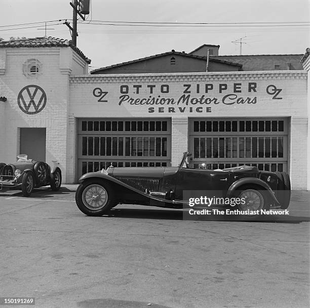 Alfa Romeo Type 8C 2300 parked in front of Otto Zipper's Precision Motor Car service area in Santa Monica, California.