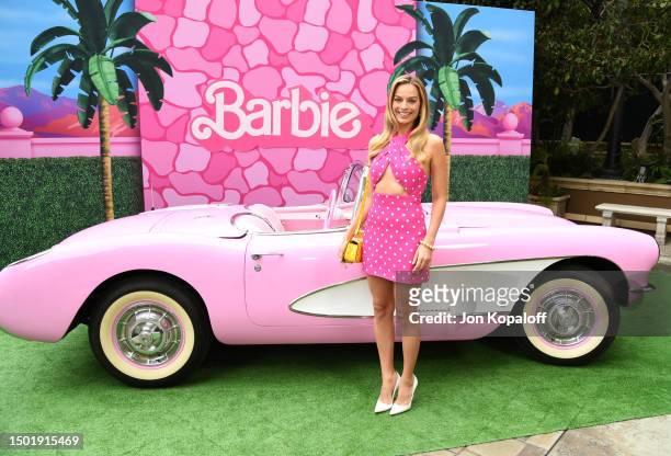 Margot Robbie attends the press junket and photo call For "Barbie" at Four Seasons Hotel Los Angeles at Beverly Hills on June 25, 2023 in Los...