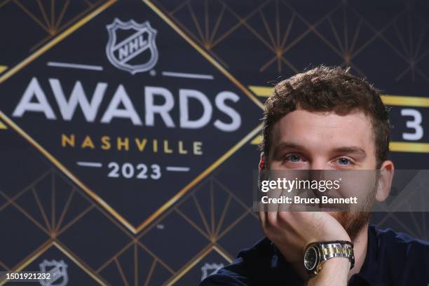 Ilya Sorokin of the New York Islanders speaks with the media at the 2023 NHL Awards player availability at the Bridgestone Arena on June 25, 2023 in...