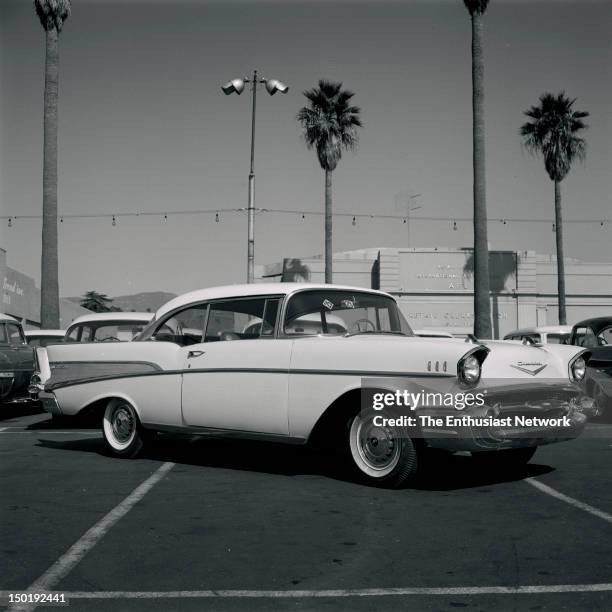 Brand new 1957 Chevrolet photographed at a new car dealer across the street from Petersen Publishing Company for Car Craft's Restyle department....