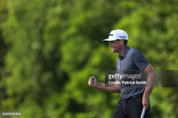 Keegan Bradley of the United States reacts on the 12th green during the final round of the Travelers Championship at TPC River Highlands on June 25,...