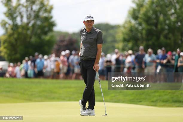 Keegan Bradley of the United States waits on the ninth green during the final round of the Travelers Championship at TPC River Highlands on June 25,...