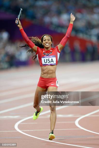 Sanya Richards-Ross of the United States celebrates winning the Women's 4 x 400m Relay Final on Day 15 of the London 2012 Olympic Games at Olympic...