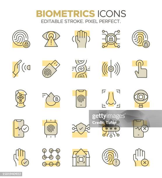biometrics icon set - a visual guide to digital identity and security - face scan stock illustrations