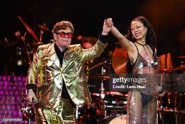 Sir Elton John and Rina Sawayama perform on stage during Day 5 of Glastonbury Festival 2023 on June 25, 2023 in Glastonbury, England.