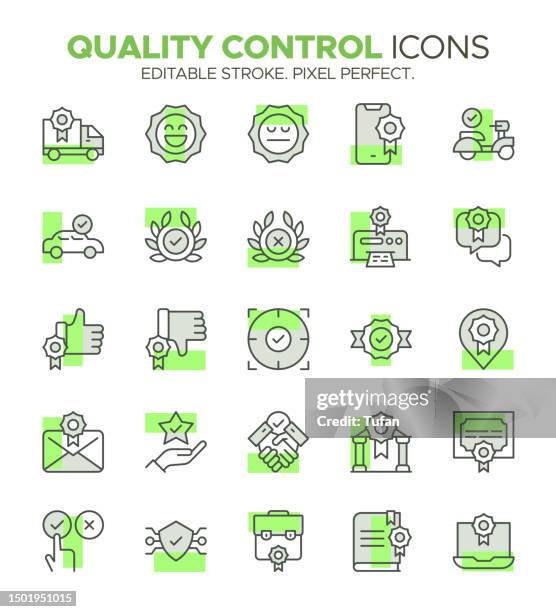 quality assurance icon set - symbols of standard, excellence, and inspection - verify identity stock illustrations