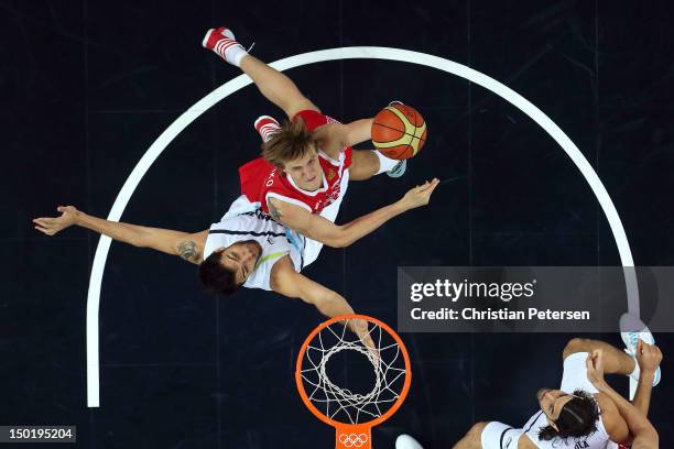 Andrey Kirilenko of Russia puts up a shot during the Men's Basketball bronze medal game between Russia and Argentina on Day 16 of the London 2012...