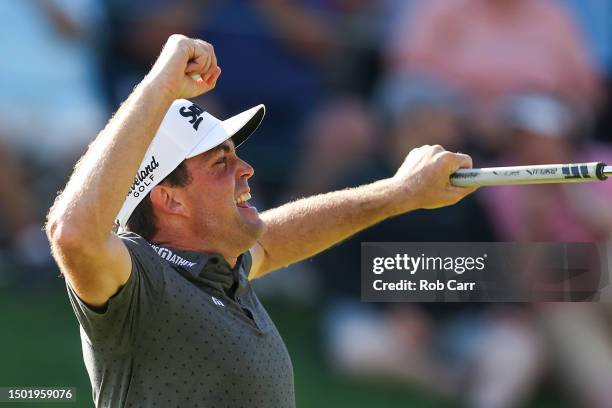 Keegan Bradley of the United States celebrates winning on the 18th green during the final round of the Travelers Championship at TPC River Highlands...