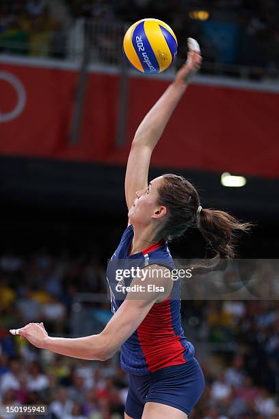 Logan Tom of United States serves against Brazil during the Women's Volleyball gold medal match on Day 15 of the London 2012 Olympic Games at Earls...