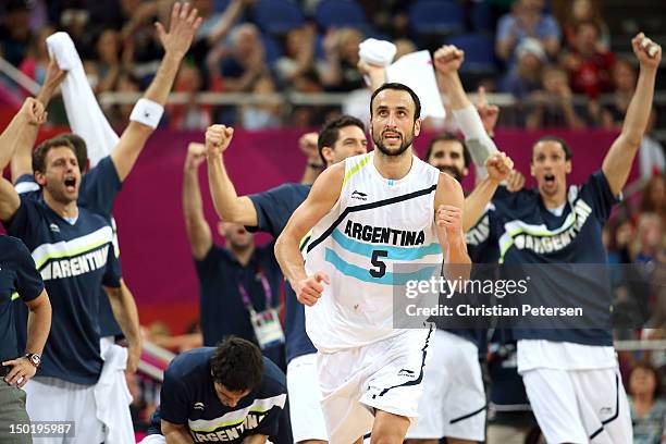 Manu Ginobili of Argentina celebrates making a shot during the Men's Basketball bronze medal game between Russia and Argentina on Day 16 of the...