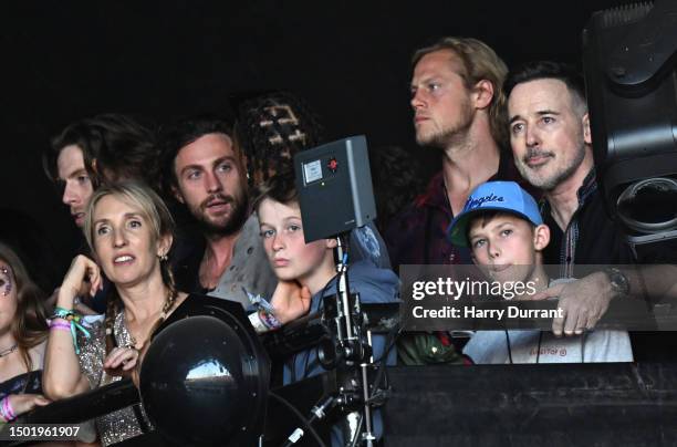 Sam Taylor-Johnson Aaron Taylor-Johnson, David Furnish and his sons Zachary Furnish-John and Elijah Furnish-John during Day 5 of Glastonbury Festival...