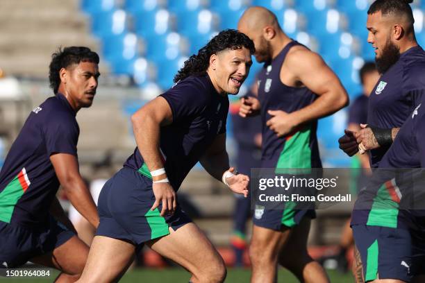 Dallin Watene-Zelezniak warms up during a New Zealand Warriors NRL training session at Go Media Stadium on June 26, 2023 in Auckland, New Zealand.