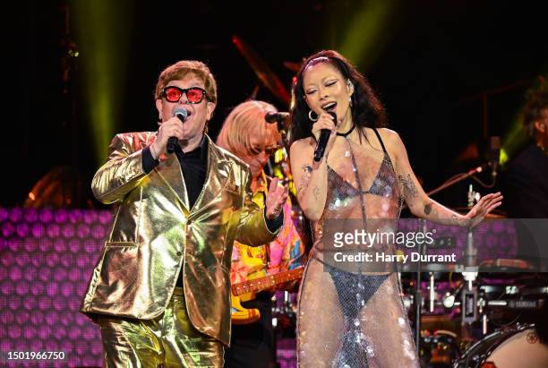 Sir Elton John and Rina Sawayama perform on stage during Day 5 of Glastonbury Festival 2023 on June 25, 2023 in Glastonbury, England.