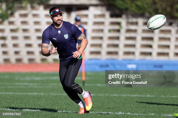 Shaun Johnson warms up during a New Zealand Warriors NRL training session at Go Media Stadium on June 26, 2023 in Auckland, New Zealand.