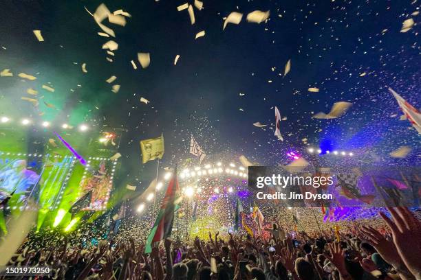 General view as Sir Elton John performs on the Pyramid stage during day 5 of Glastonbury Festival 2023 Worthy Farm, Pilton on June 25, 2023 in...