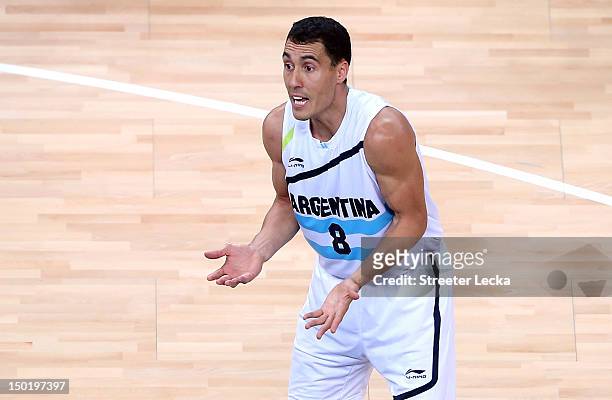 Pablo Prigioni of Argentina reacts to a foul call during the Men's Basketball bronze medal game between Russia and Argentina on Day 16 of the London...