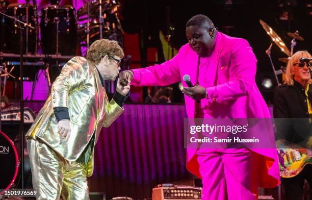 Jacob Lusk performs with Elton John on the Pyramid stage at Day 5 of Glastonbury Festival 2023 on June 25, 2023 in Somerset, United Kingdom.