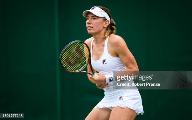 Ekaterina Alexandrova in action against Emma Navarro of the United States in the first round during Day Two of The Championships Wimbledon 2023 at...