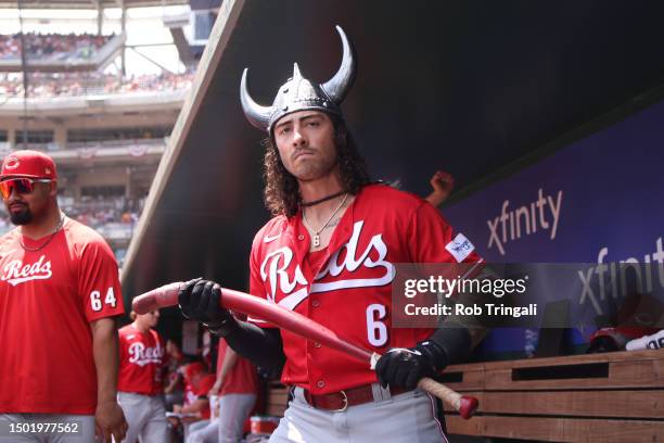 Jonathan India of Cincinnati Reds celebrates his home run during the fourth inning of the game between the Cincinnati Reds and the Washington...