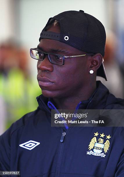 Mario Balotelli of Manchester City looks on prior to the FA Community Shield match between Manchester City and Chelsea at Villa Park on August 12,...