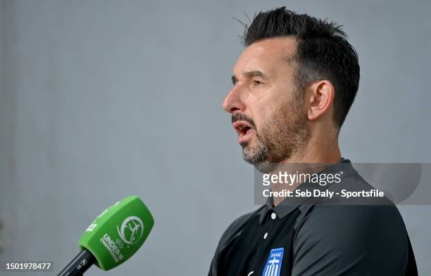 Greece head coach Anastasios Theos is interviewed after the UEFA European Under-19 Championship Finals 2022/23 group B match between Norway and...