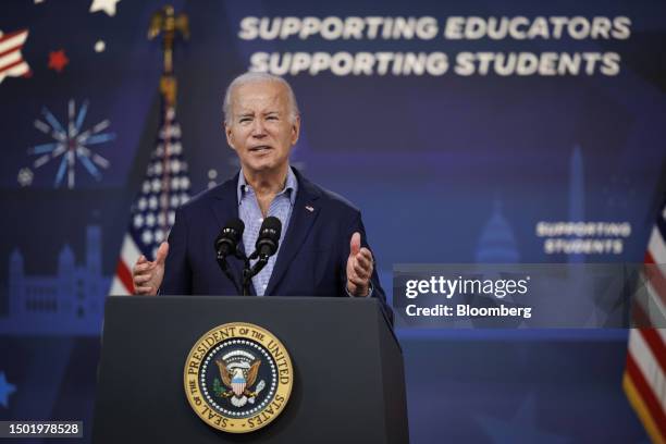 President Joe Biden speaks during a National Education Association event in the Eisenhower Executive Office Building in Washington, DC, US, on...