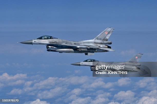 Polish Air Force F-16 jetfighters take part in the NATO exercise as part of the NATO Air Policing mission, in Alliance members' sovereign airspace on...