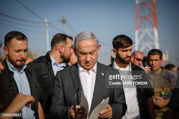 Israeli Prime Minister Benjamin Netanyahu arrives for a briefing near the Salem military post in the occupied West Bank on July 4, 2023. Israel's...